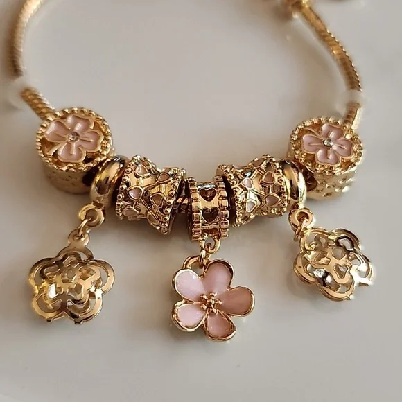 Flower Theme Gold PINK ENAMEL 7 Charm Beautiful Cutout Flowers - Picture 3 of 5